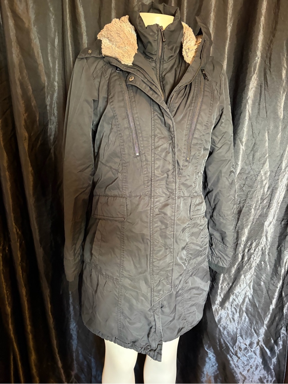 1 Madison Black Quilted Hooded Puffer Coat with Faux Fur Trim